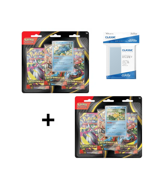 Pack Anti bot 2 Tripack Mega Evolution + 1 paquet de 100 sleeve